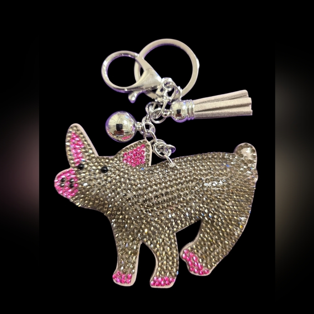Sparkling Pig Bag Charm Keychain with Grey Tassel